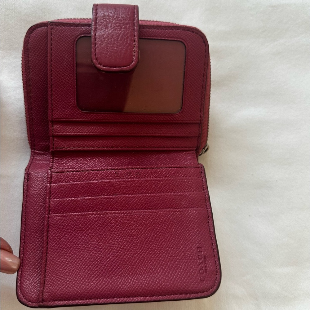 Coach Signature Embossed Pebble Leather Medium Zip Around Wallet in Sunset Red - Picture 6 of 10